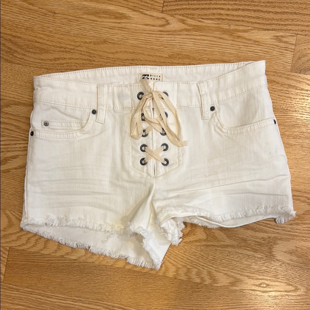 Billabong White Jean Shorts Lace-Up Frayed